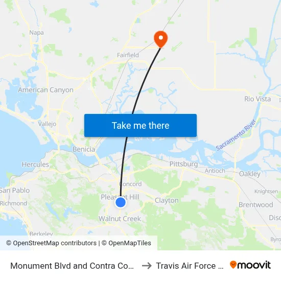 Monument Blvd and Contra Costa Blvd to Travis Air Force Base map