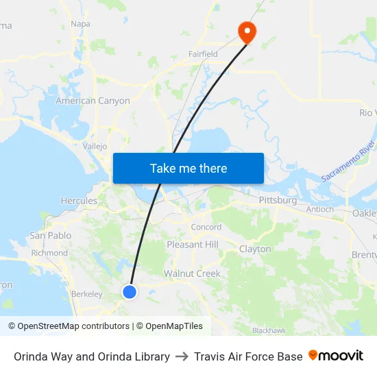 Orinda Way and Orinda Library to Travis Air Force Base map