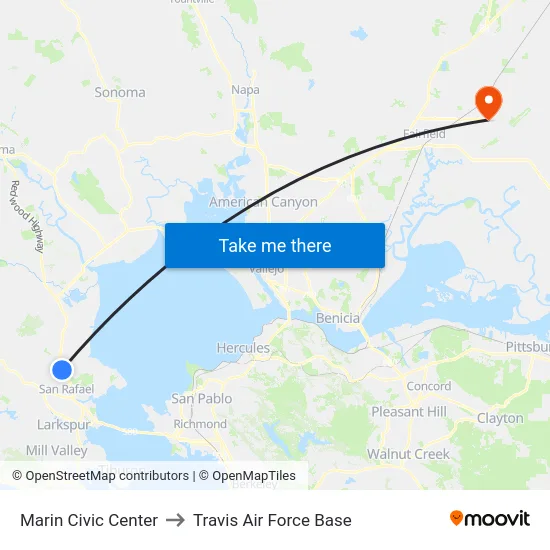 Marin Civic Center to Travis Air Force Base map