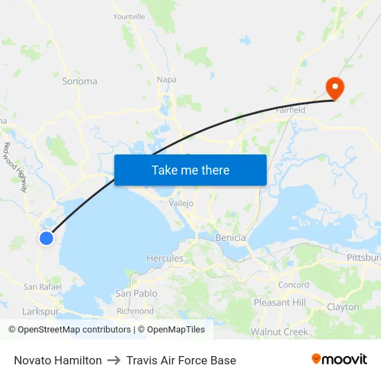 Novato Hamilton to Travis Air Force Base map