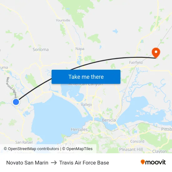 Novato San Marin to Travis Air Force Base map