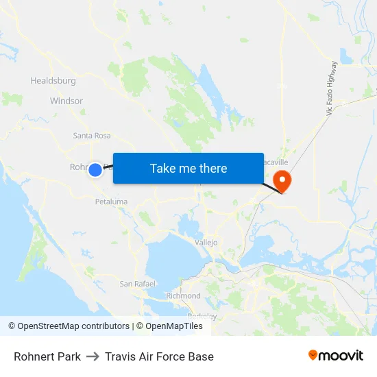 Rohnert Park to Travis Air Force Base map