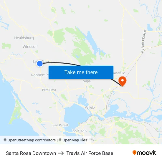 Santa Rosa Downtown to Travis Air Force Base map