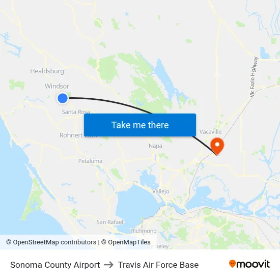 Sonoma County Airport to Travis Air Force Base map