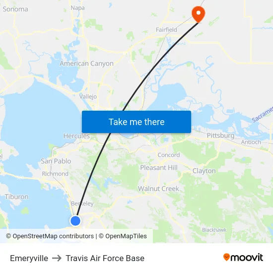 Emeryville to Travis Air Force Base map