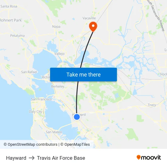 Hayward to Travis Air Force Base map