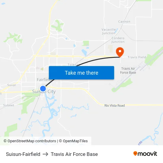 Suisun-Fairfield to Travis Air Force Base map