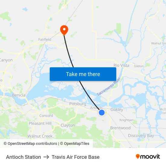 Antioch Station to Travis Air Force Base map