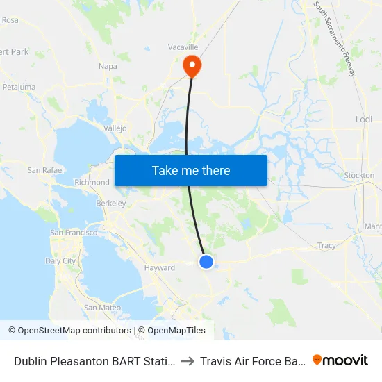 Dublin Pleasanton BART Station to Travis Air Force Base map