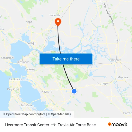 Livermore Transit Center to Travis Air Force Base map