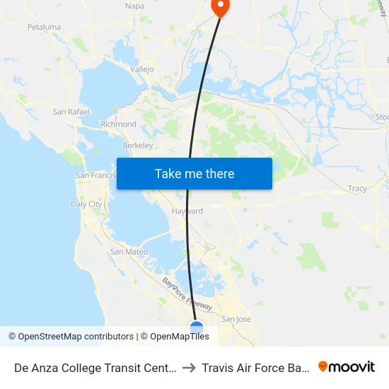 De Anza College Transit Center to Travis Air Force Base map