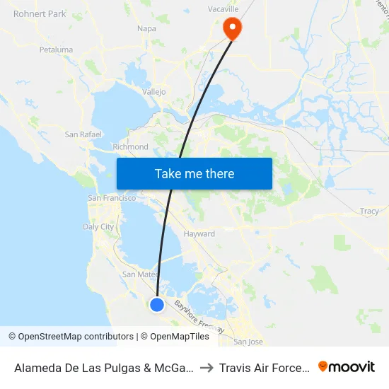 Alameda De Las Pulgas & McGarvey Ave to Travis Air Force Base map