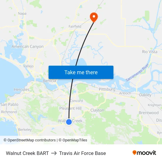 Walnut Creek BART to Travis Air Force Base map