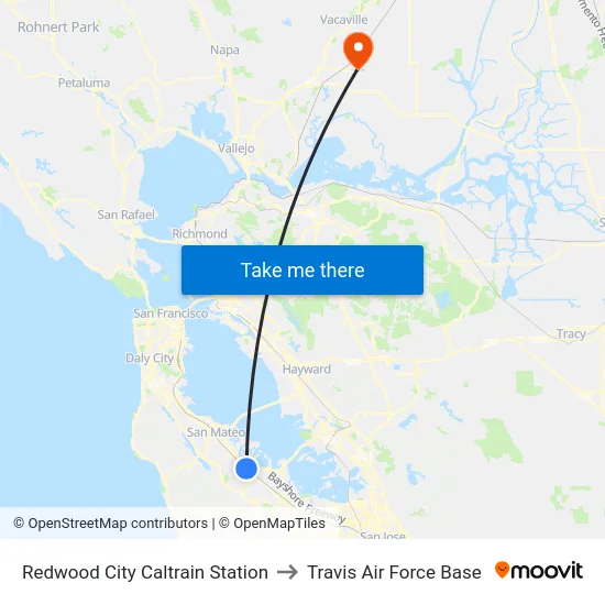 Redwood City Caltrain Station to Travis Air Force Base map