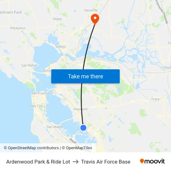 Ardenwood Park & Ride Lot to Travis Air Force Base map