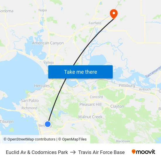 Euclid Av & Codornices Park to Travis Air Force Base map