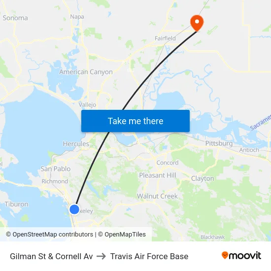 Gilman St & Cornell Av to Travis Air Force Base map