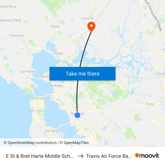 E St & Bret Harte Middle School to Travis Air Force Base map