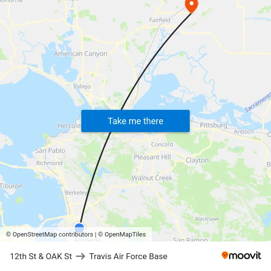 12th St & OAK St to Travis Air Force Base map