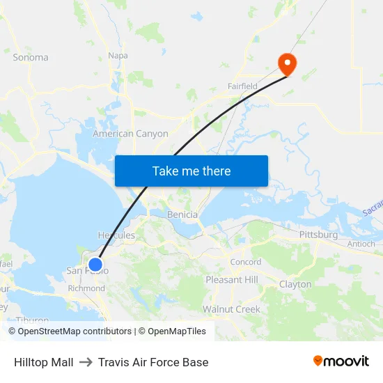Hilltop Mall to Travis Air Force Base map