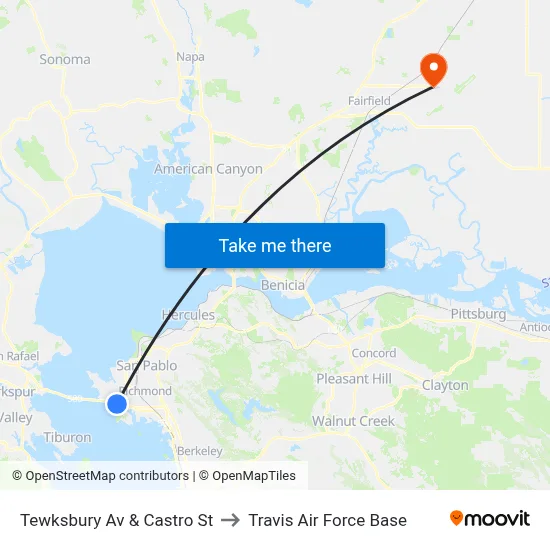 Tewksbury Av & Castro St to Travis Air Force Base map