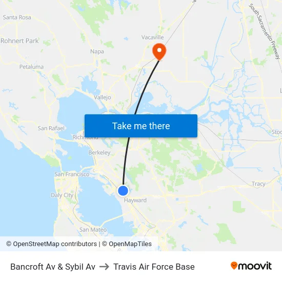 Bancroft Av & Sybil Av to Travis Air Force Base map