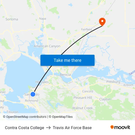 Contra Costa College to Travis Air Force Base map