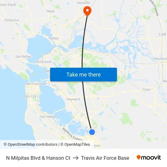 N Milpitas Blvd & Hanson Ct to Travis Air Force Base map