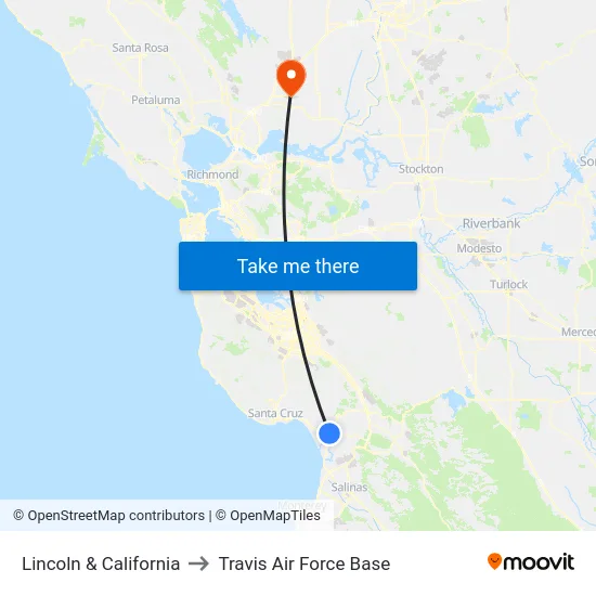 Lincoln & California to Travis Air Force Base map