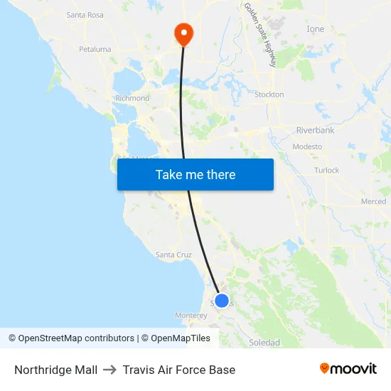 Northridge Mall to Travis Air Force Base map