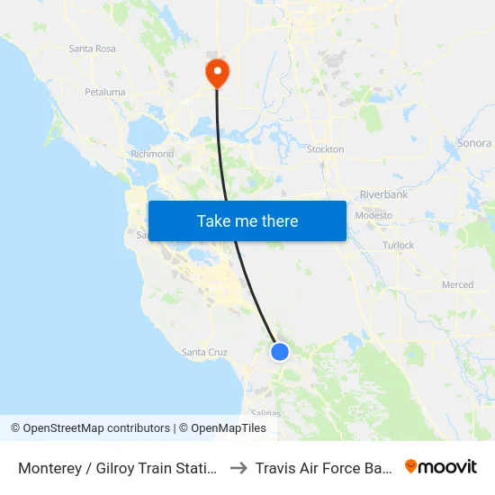 Monterey / Gilroy Train Station to Travis Air Force Base map