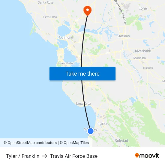 Tyler /  Franklin to Travis Air Force Base map