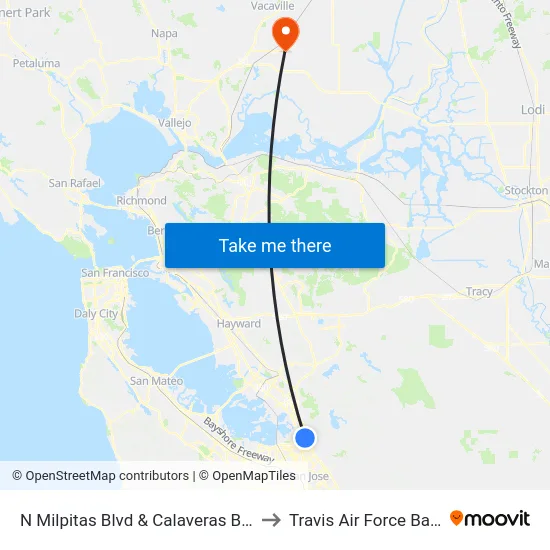 N Milpitas Blvd & Calaveras Blvd to Travis Air Force Base map