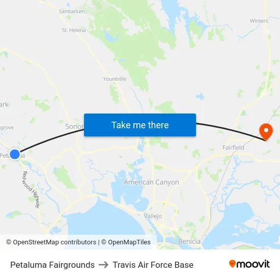 Petaluma Fairgrounds to Travis Air Force Base map