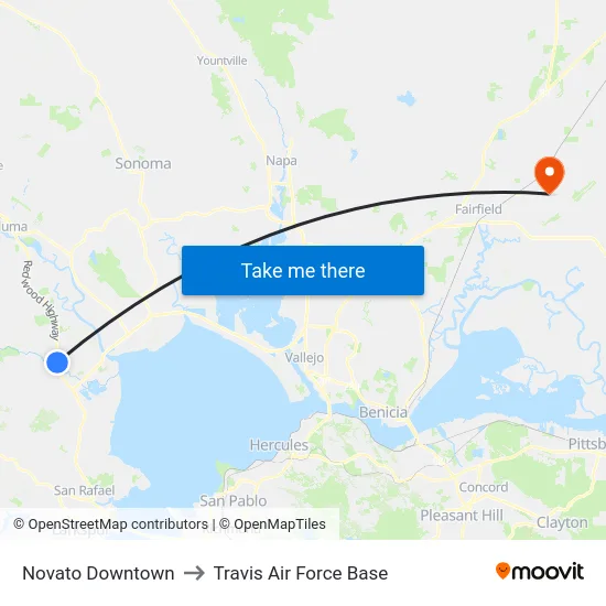 Novato Downtown to Travis Air Force Base map