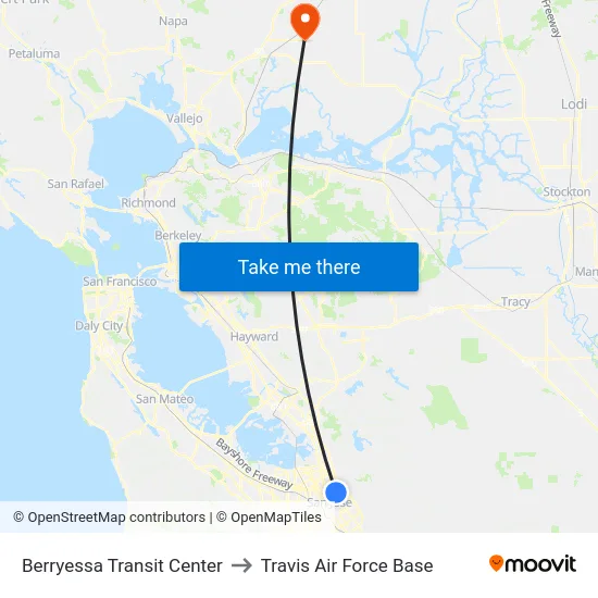 Berryessa Transit Center to Travis Air Force Base map