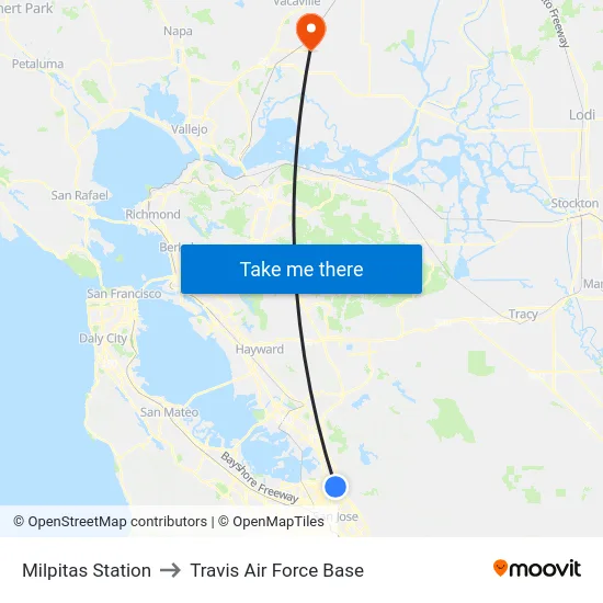 Milpitas Station to Travis Air Force Base map