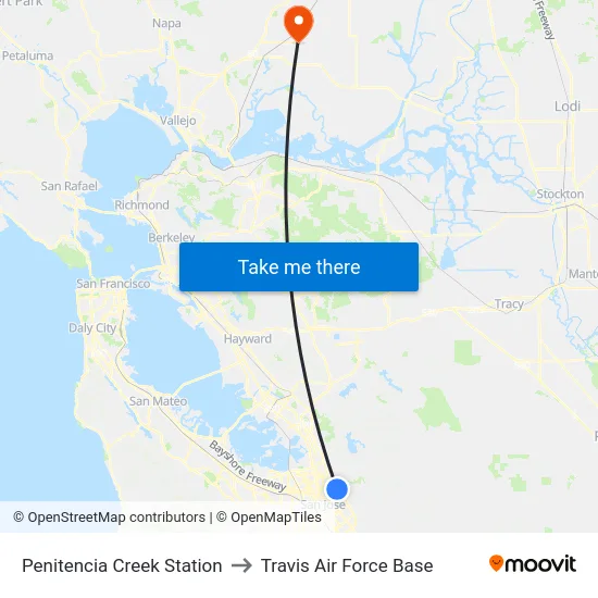 Penitencia Creek Station to Travis Air Force Base map