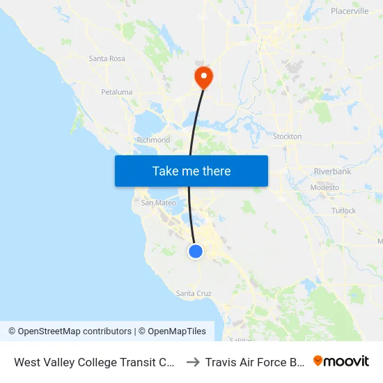 West Valley College Transit Center to Travis Air Force Base map