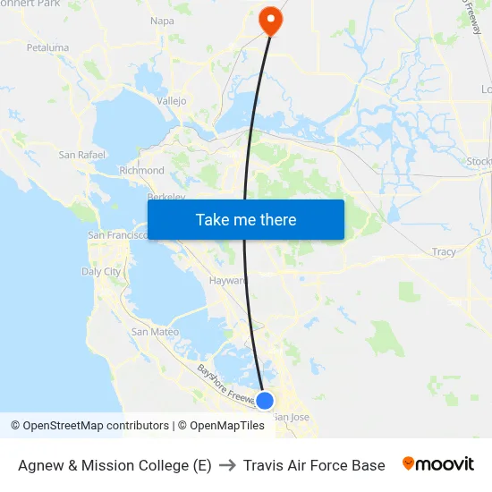 Agnew & Mission College (E) to Travis Air Force Base map