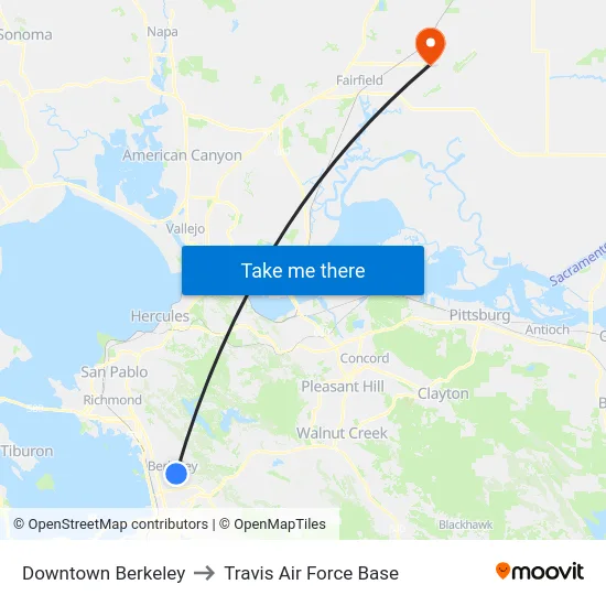 Downtown Berkeley to Travis Air Force Base map