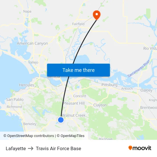 Lafayette to Travis Air Force Base map