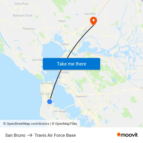 San Bruno to Travis Air Force Base map