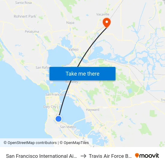 San Francisco International Airport to Travis Air Force Base map