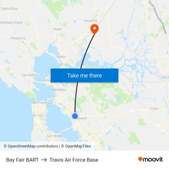 Bay Fair BART to Travis Air Force Base map