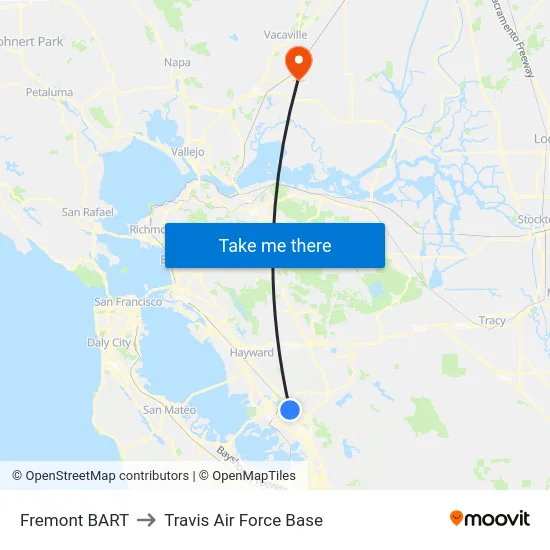Fremont BART to Travis Air Force Base map