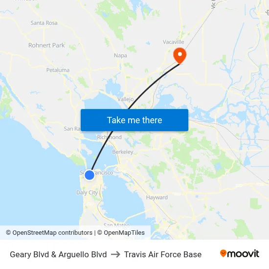 Geary Blvd & Arguello Blvd to Travis Air Force Base map