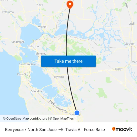 Berryessa / North San Jose to Travis Air Force Base map