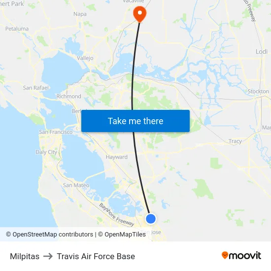 Milpitas to Travis Air Force Base map
