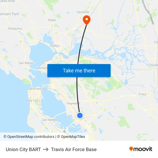 Union City BART to Travis Air Force Base map